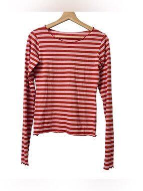 Agnes B Rolled Hem Pink & Red Stripes Long Sleeve Cotton Shirt Size Small